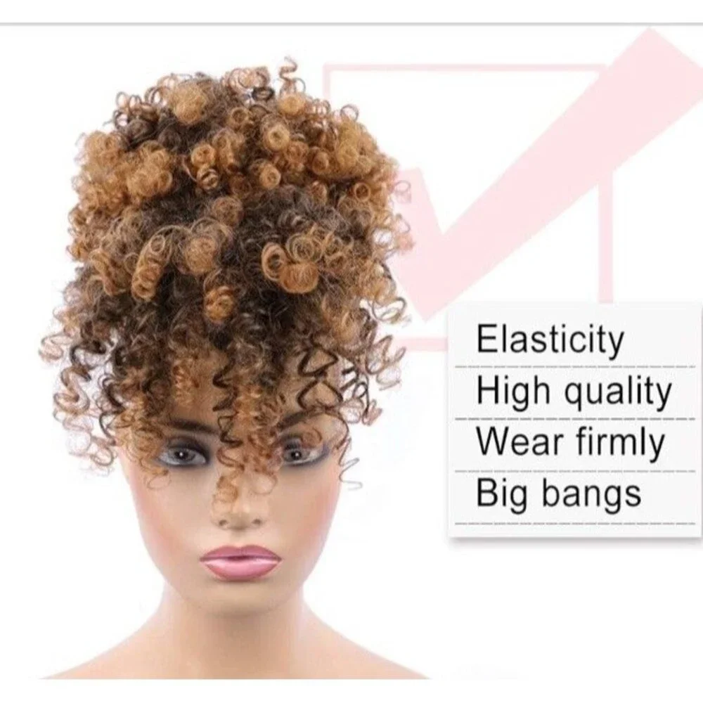Afro Puff Ponytail W Bangs Wig Kinky Curly Hair Piece T30 Drawstring Black Women
